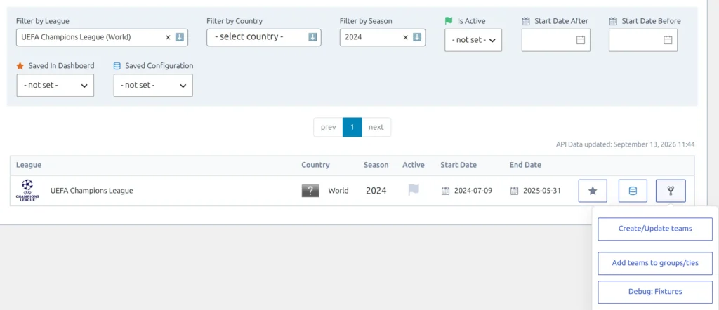 The API Leagues tab filtered to UEFA Champions League, with the 2024 season row's branching-arrow menu open on Create/Update teams, Add teams to groups/ties and Debug: Fixtures