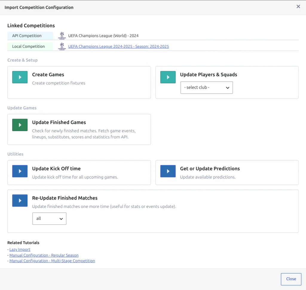The Import Competition Configuration modal linking UEFA Champions League (World) - 2024 to UEFA Champions League 2024-2025, with the Create Games card first in the Create and Setup group, next to Update Players and Squads