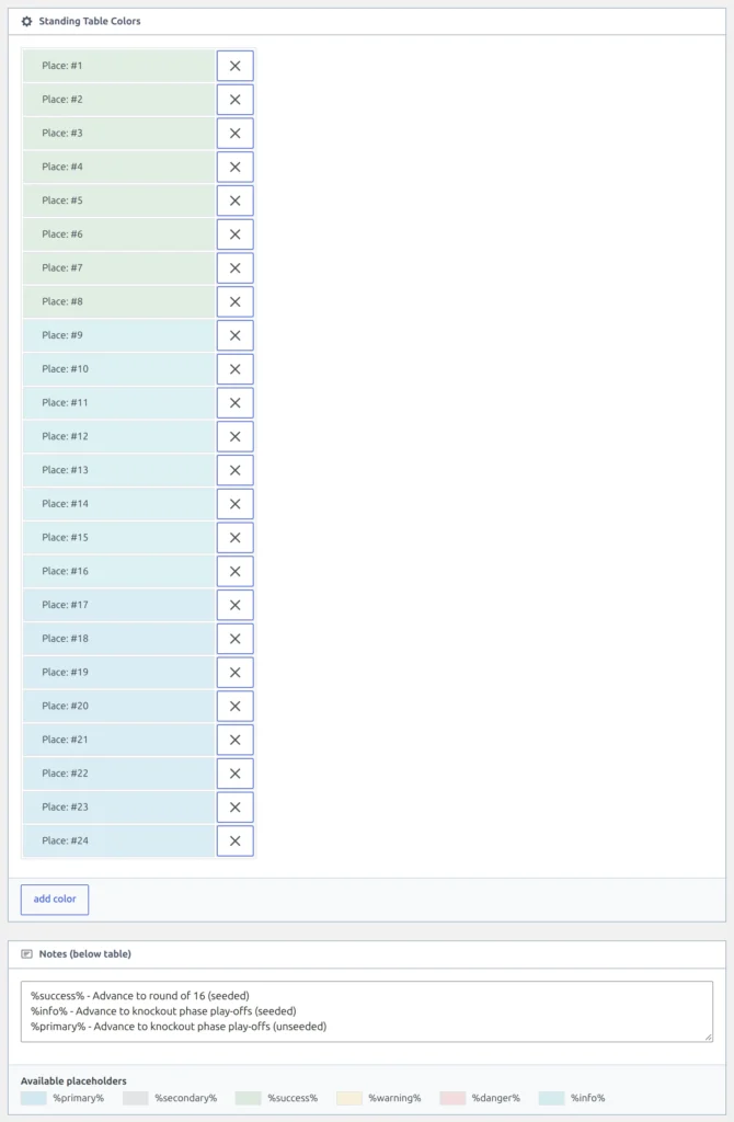 Standing Table Colors listing places #1 to #24 in three colour bands, and below it Notes (below table) holding the three zone lines with the available placeholders underneath