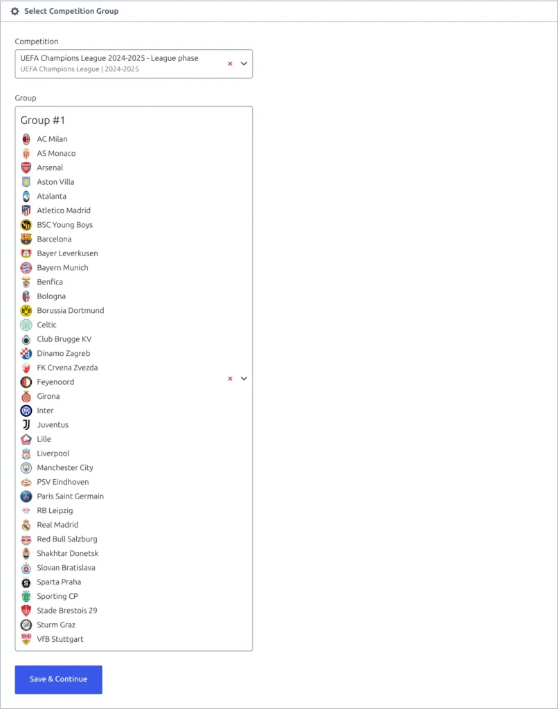 Add New Standing Table with UEFA Champions League 2024-2025 - League phase picked as the competition and Group #1 picked as the group, its 36 clubs listed alphabetically from AC Milan, and the Save and Continue button below