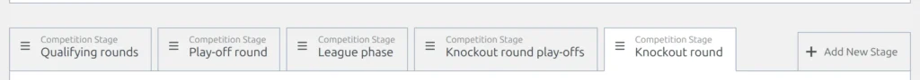 The UEFA Champions League 2024-2025 competition editor listing its five stages in order: Qualifying rounds, Play-off round, League phase, Knockout round play-offs and Knockout round