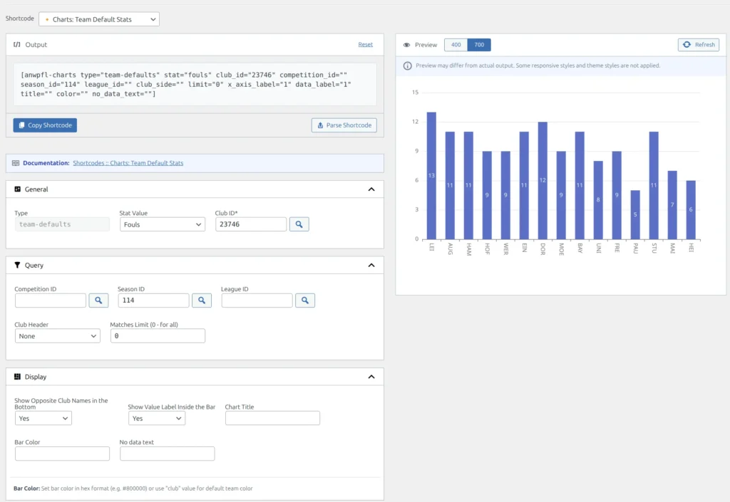 Shortcode builder interface for Charts Team Default Stats