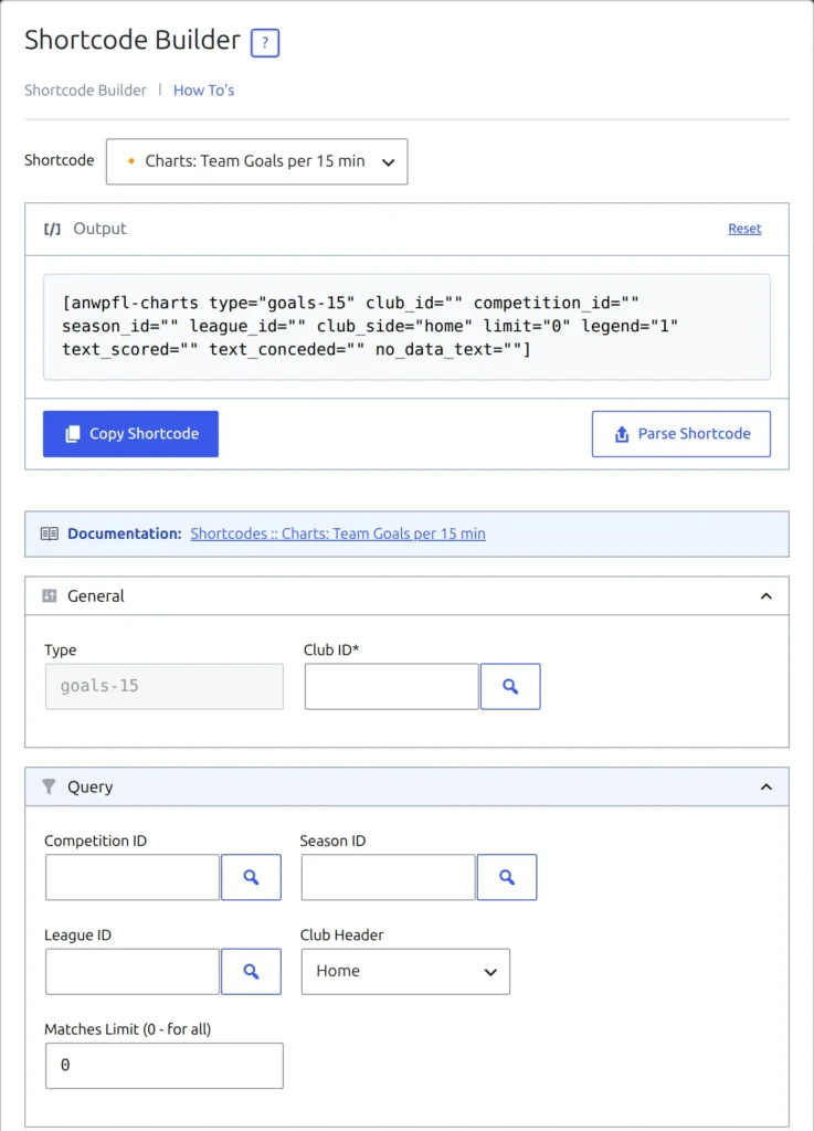 The Shortcode Builder dialog with Charts: Team Goals per 15 min selected, Club ID left empty, Club Header set to Home in the Query section, and the generated shortcode with club_side="home" in the Output box