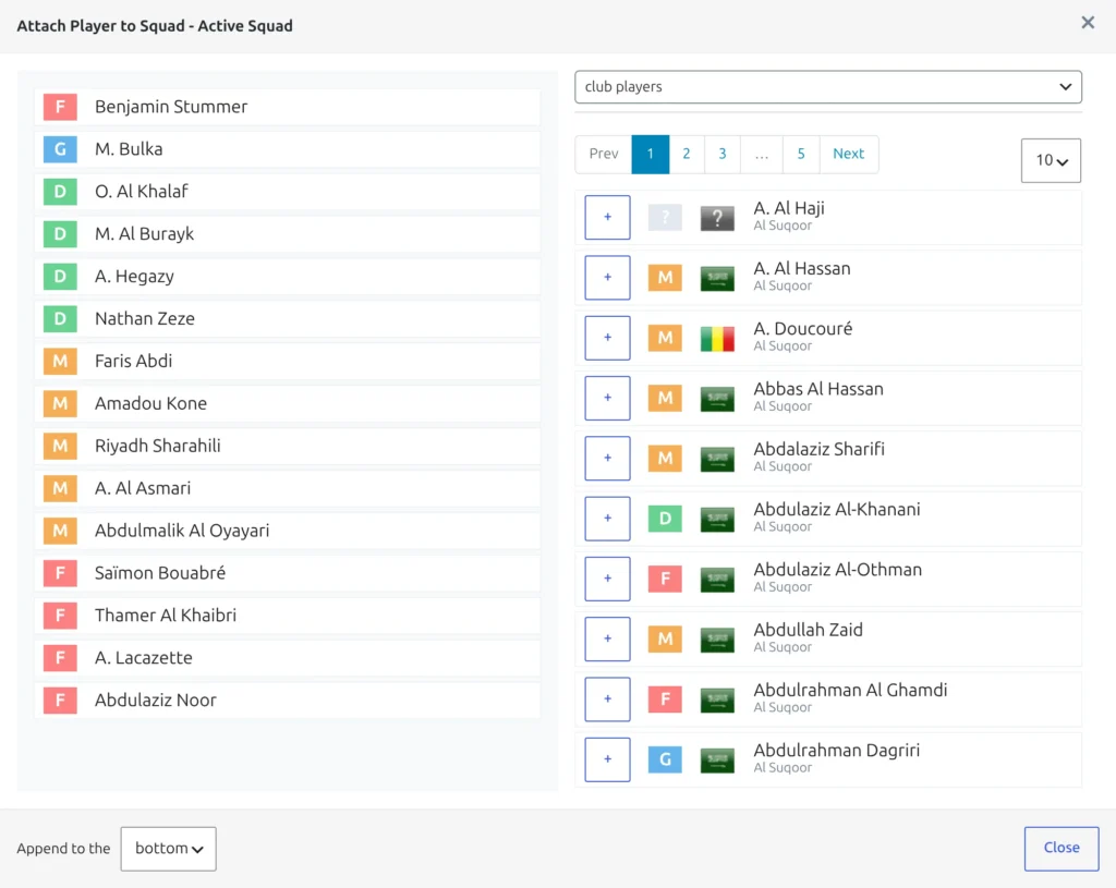 The Attach Player to Squad modal, titled with the Active Squad tab name, showing the current squad listed on the left and the club players filter with a paginated player list on the right