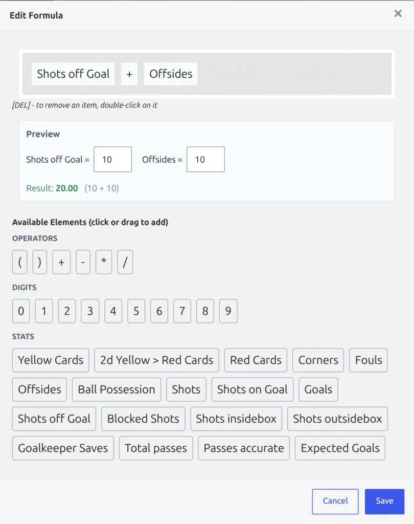 The formula editor for a club formula column: the formula built from stat tokens and operators, the Preview box with a sample value per column and its Result, and the Available Elements list of brackets, operators, digits and stat columns