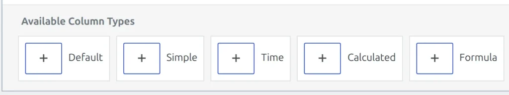 Available Column Types buttons below the club statistics table: Default, Simple, Time, Calculated and Formula