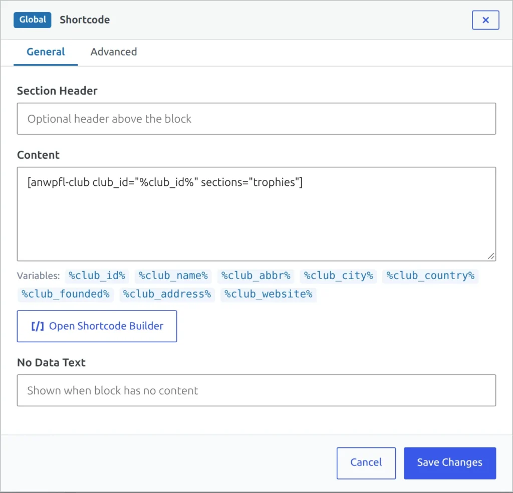 The Shortcode block settings in the Layout Builder v2 team layout, with the Club trophies shortcode using the %club_id% variable in the Content field and the variable chips listed below it