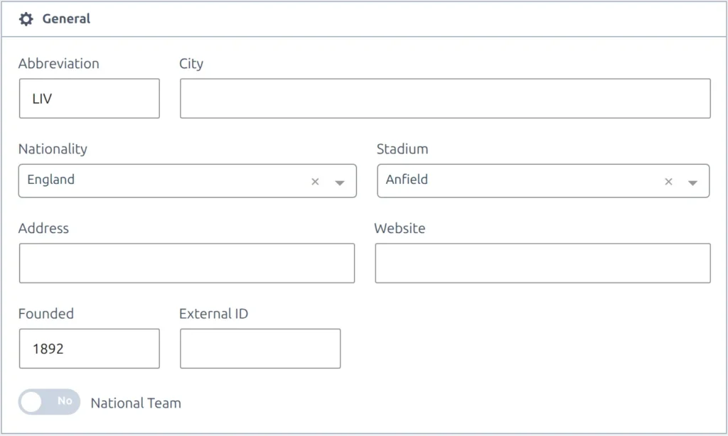 The General tab of an imported club in the club editor, with Abbreviation, Nationality, Stadium and Founded filled in by the import