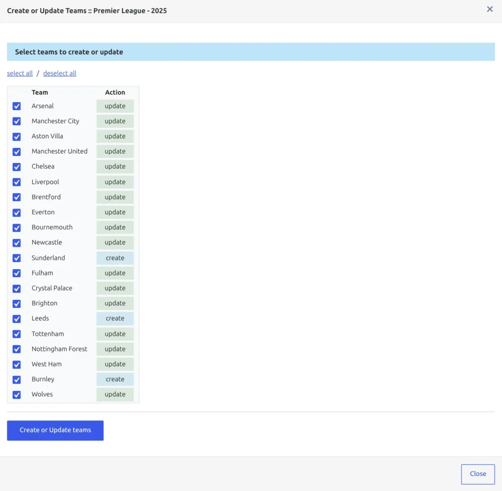The Create or Update Teams modal for a league season the site only partly knows - clubs already linked read update in green, clubs the import has never seen read create in blue
