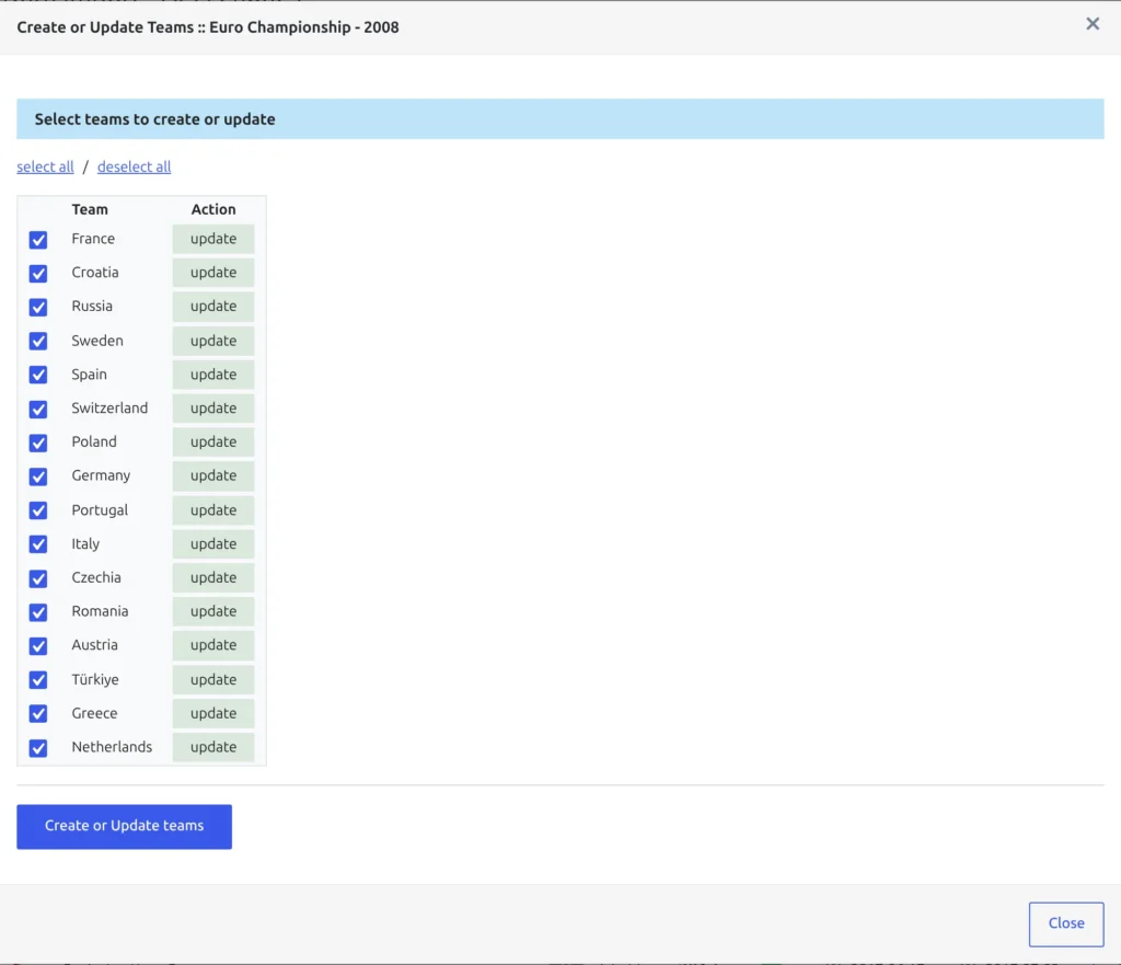 The Create or Update Teams modal - a checkbox list of the competition's teams, each row showing update because every team is already linked; a new team would say create