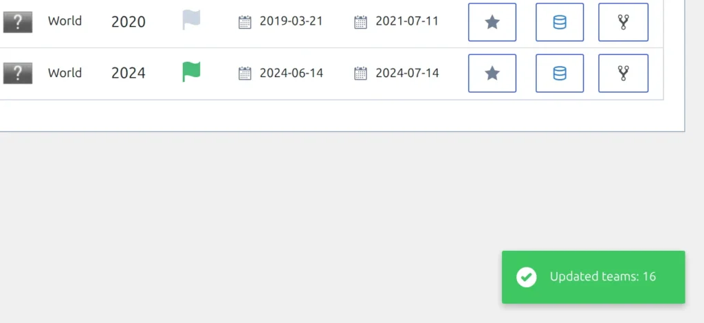 The green success message Updated teams: 16 on the API Leagues tab after Create or Update teams has run