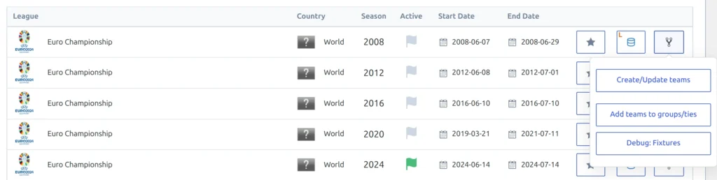 A league row on the API Leagues tab with the structure dropdown open, showing the Create/Update teams entry