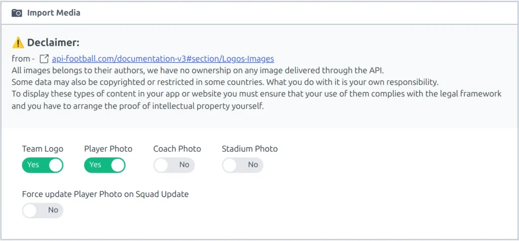 The Import Media block on the API Import Settings tab, with Team Logo, Player Photo, Coach Photo and Stadium Photo toggles