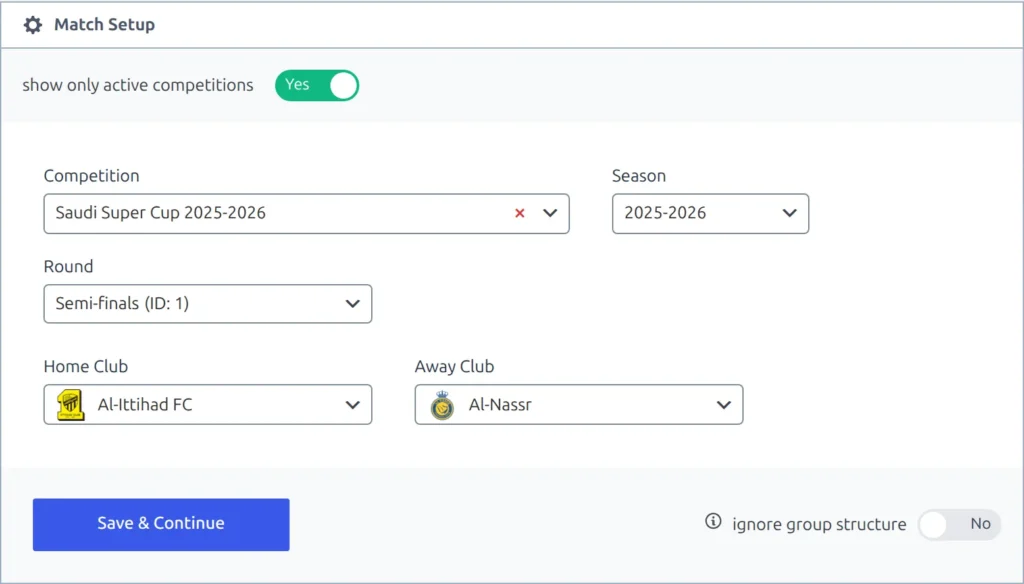 The Match Setup screen for a knockout competition, with a Round selector showing the chosen round and its ID, above the home club and away club selectors