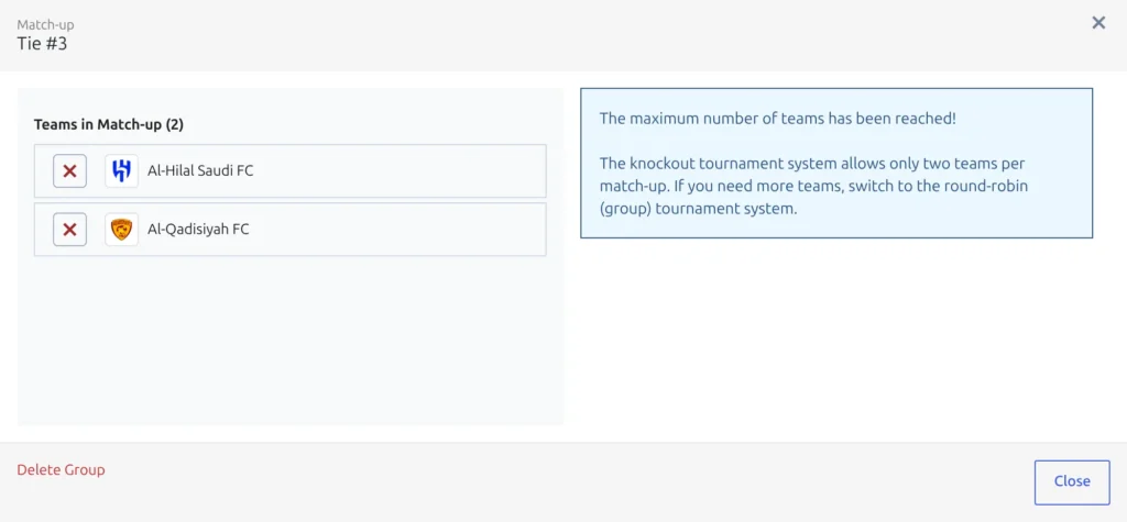 The match-up modal, headed Match-up, with Teams in Match-up (2) listing the two clubs on the left and a blue notice on the right reading the maximum number of teams has been reached