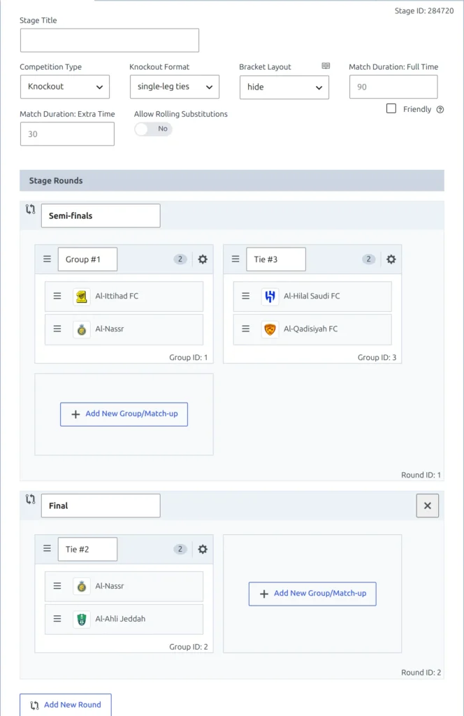 A knockout stage panel with Competition Type set to Knockout, a Knockout Format select, a PRO Bracket Layout select, and two round blocks - Semi-finals holding two tie cards and Final holding one - above the Add New Round button