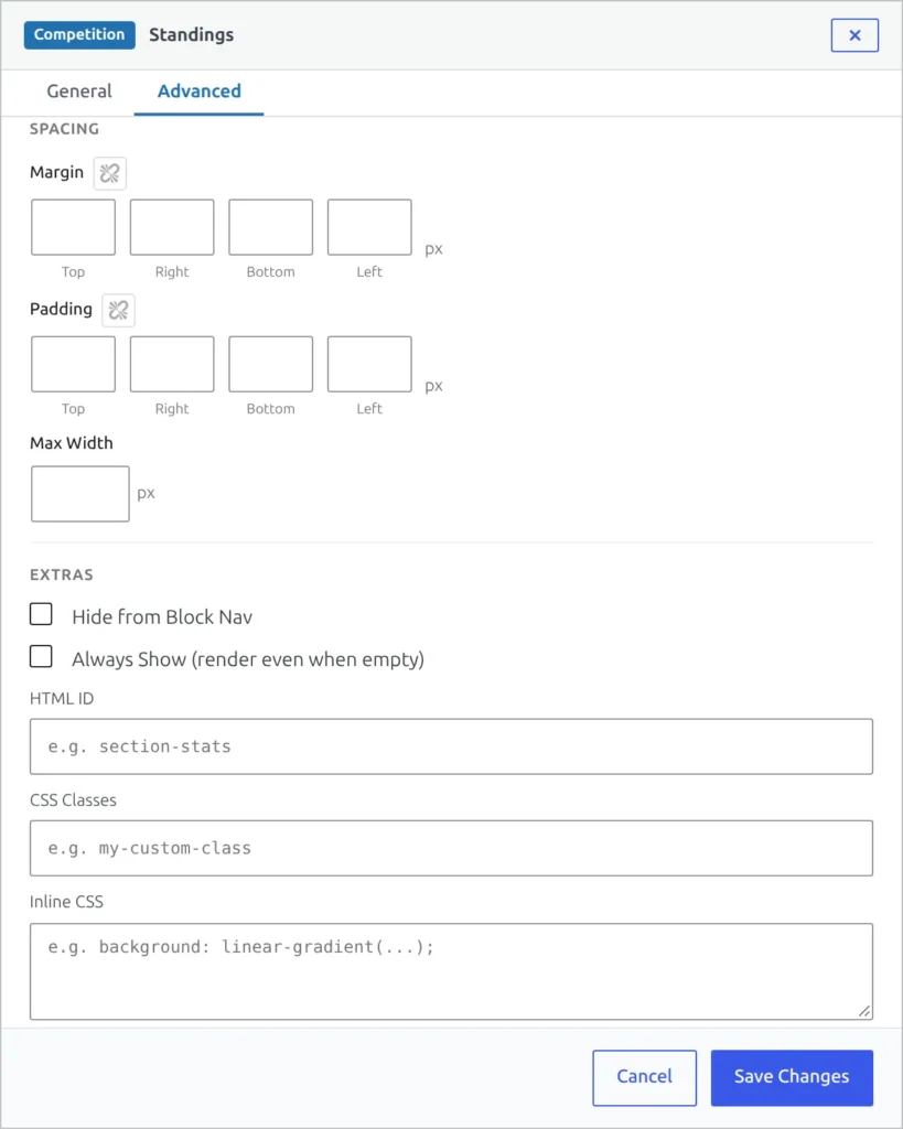 The Advanced tab of a block's settings in Layout Builder v2, with the Always Show (render even when empty) checkbox under Extras