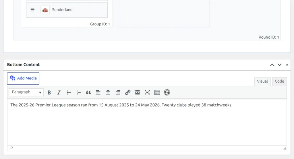 The competition edit screen with the Bottom Content box and its text editor below the Competition Stages box