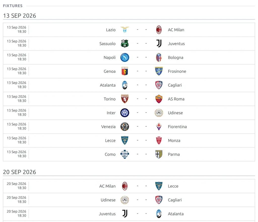 The Fixtures block - upcoming games with no score yet, grouped under day headings, the nearest day first