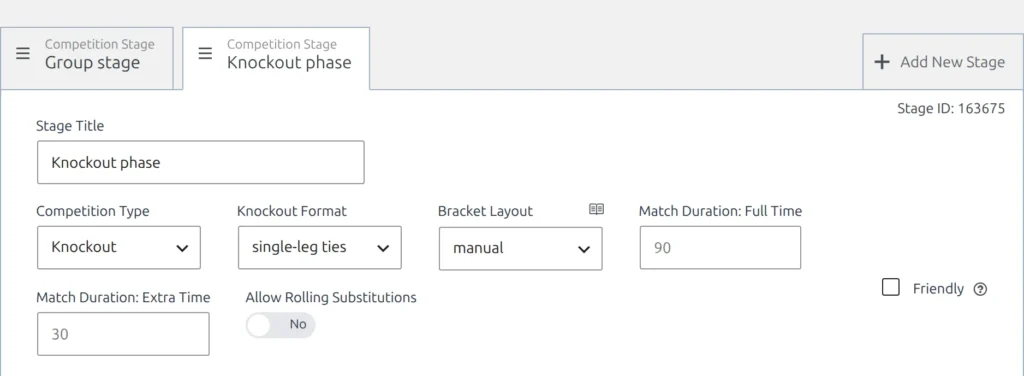 The Competition Stages box with a knockout stage selected, showing its Stage Title and the Bracket Layout select