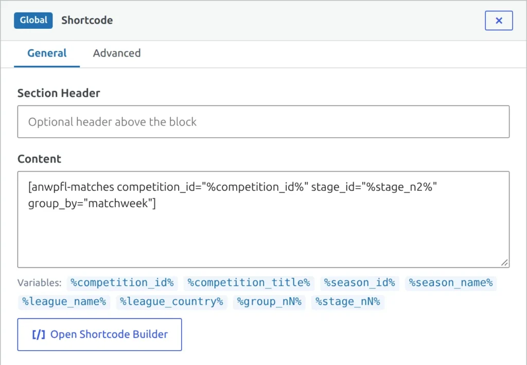The Shortcode block settings in Layout Builder v2 - an anwpfl-matches shortcode with competition_id set to %competition_id% and stage_id set to %stage_n2%, and the clickable Variables list under the text box