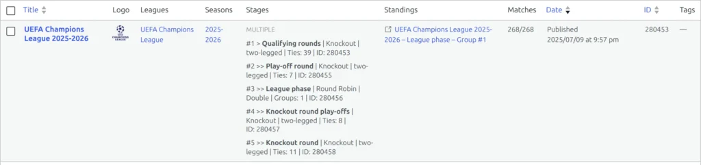 The Competitions list with a multistage competition's Stages column - the main stage on the first line marked #1, then each secondary stage on its own numbered line with its type and ID