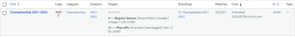 A Competitions list row whose Stages column reads MULTIPLE, then hash 1 greater-than Regular Season, Round Robin, Double, Groups: 1, and hash 2 double-greater-than Play-offs, Knockout, two-legged, Ties: 3, with one standing table linked in the Standings column