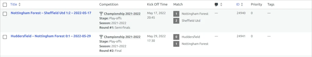 Two rows of the Matches admin list whose Competition column names the competition, then Stage: Play-offs, the season, and the round each match belongs to - Round #1: Semi-finals and Round #2: Final