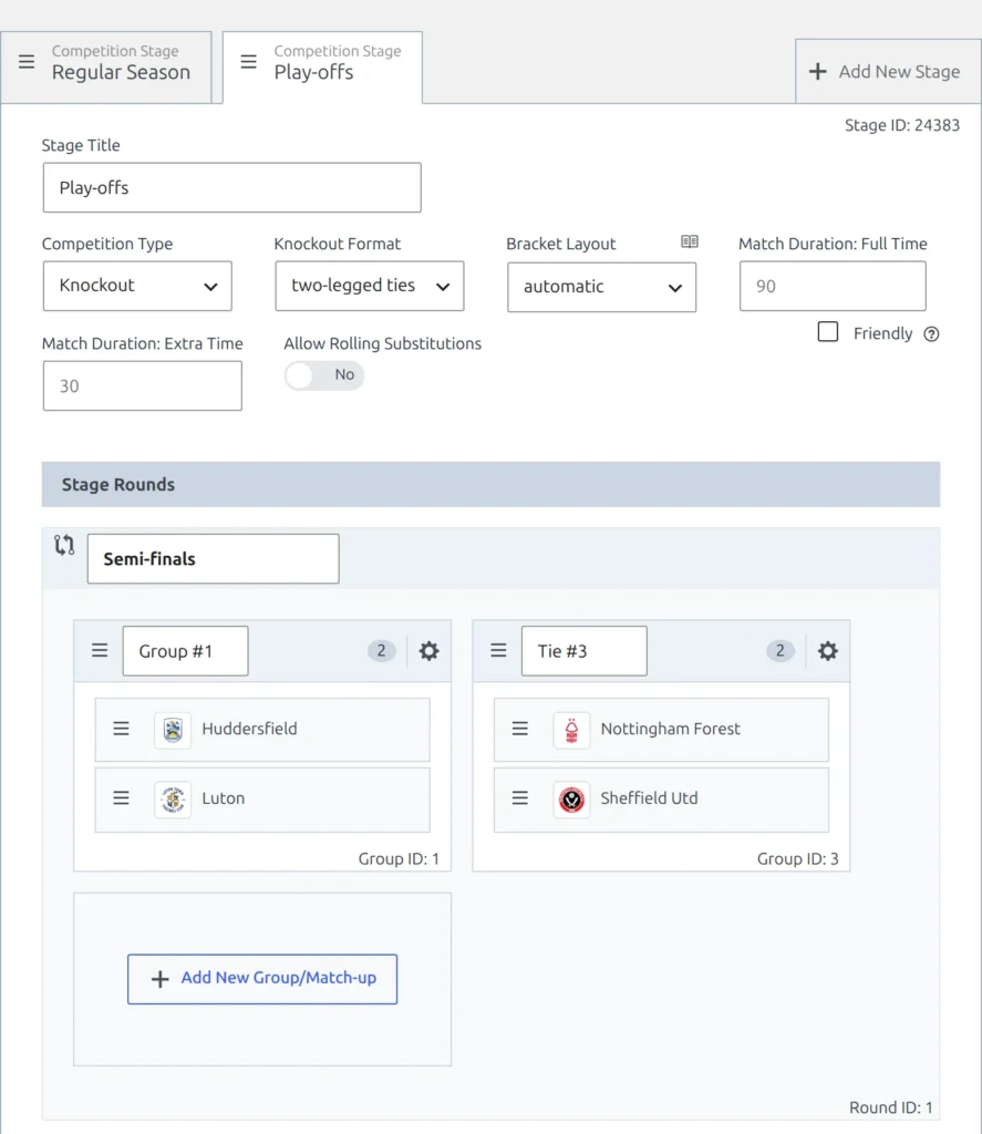 Two Competition Stage tabs, Regular Season and the active Play-offs, with an Add New Stage button at the right, and the Play-offs stage below them set to Competition Type Knockout and Knockout Format two-legged ties, its Semi-finals round holding two ties