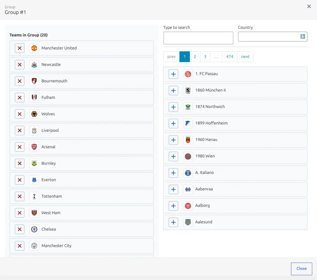 The group manager modal - Teams in Group on the left with a remove button per club, and a searchable club list with country filter on the right