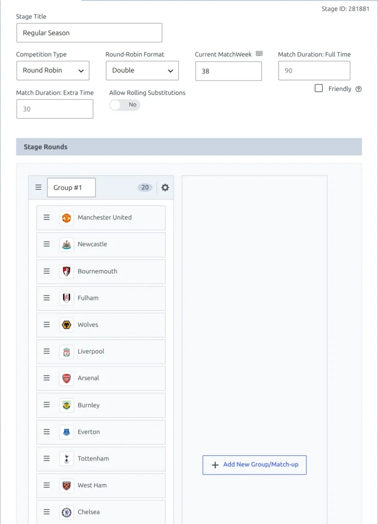 The competition stage panel with Stage Title Regular Season, Competition Type set to Round Robin, Round-Robin Format set to Double, and one group card holding the league's clubs