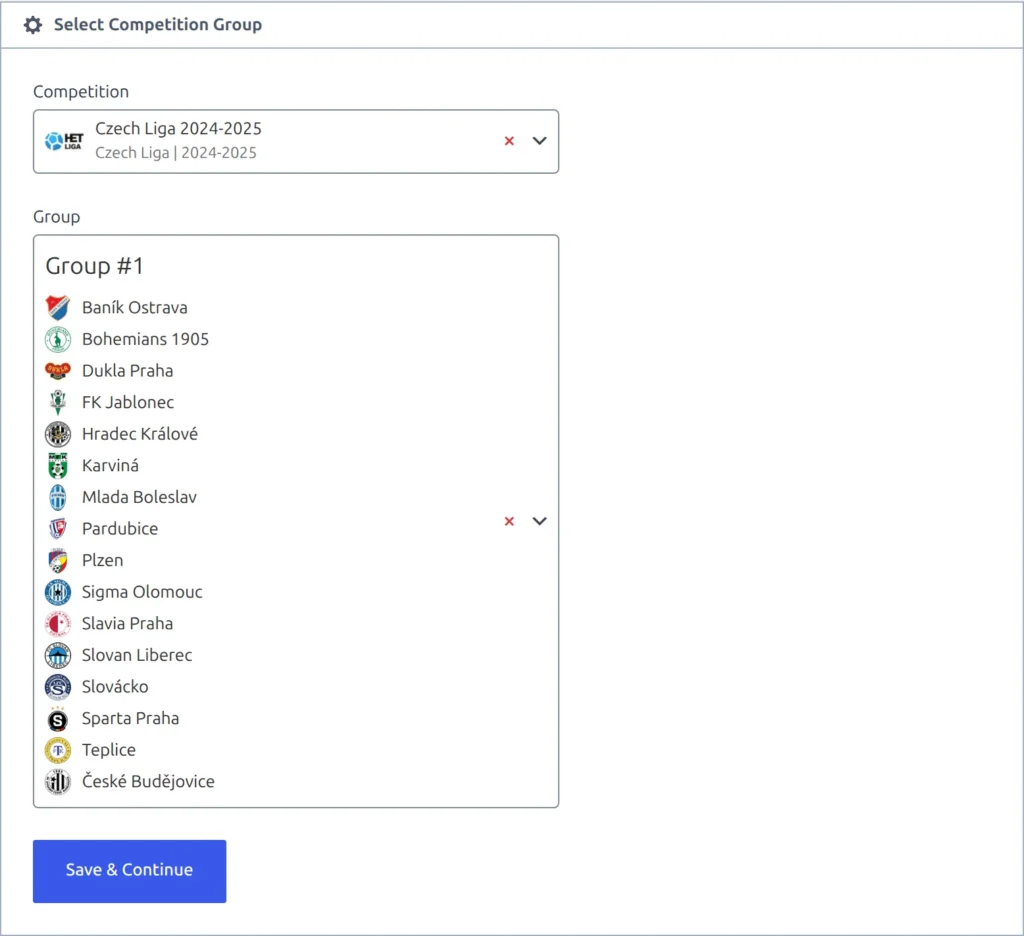The Select Competition Group step of a new standing table, with a competition chosen and the selected group previewing its clubs above the Save and Continue button