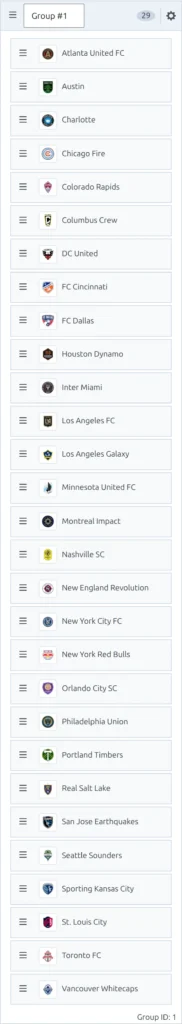The competition editor showing a single round-robin group with its full list of clubs and the control for adding more clubs to the group