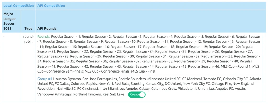 Step 2 of Edit Competition Structure for Major League Soccer, showing one round-robin row whose single Group #1 lists every club from both conferences, beside a green toggle reading Create