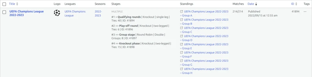 The Competitions list with a multistage cup whose Stages column reads Multiple, followed by one line per stage giving its title, type, format, number of groups or ties and ID
