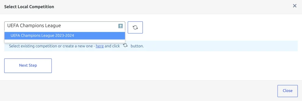 The Select Local Competition modal with its dropdown open on the multistage competition, listed once under its season title with none of its stages shown separately, and the Next Step button below
