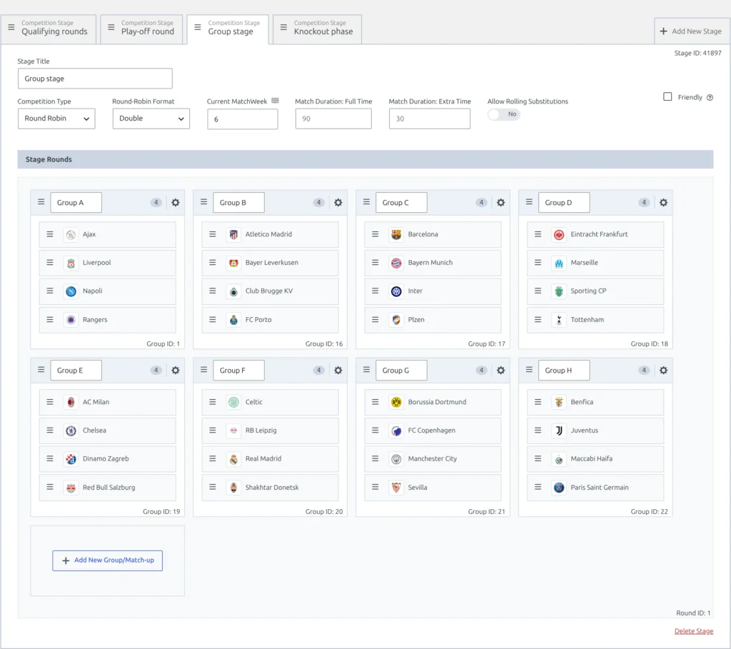 A group stage tab in the competition editor with Competition Type Round Robin, the Round-Robin Format and Current MatchWeek fields, its groups listed under Stage Rounds and no Add New Round button