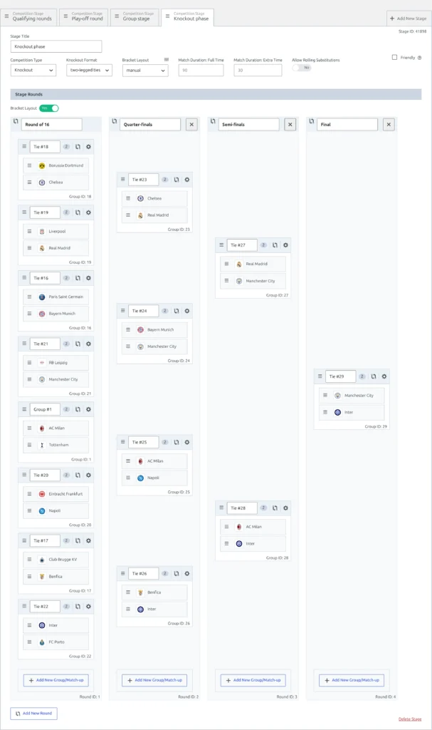 The final knockout stage open in the competition editor with Competition Type Knockout and Bracket Layout manual, the Bracket Layout toggle on Yes, and the Round of 16, Quarter-finals, Semi-finals and Final rounds laid out side by side as bracket columns