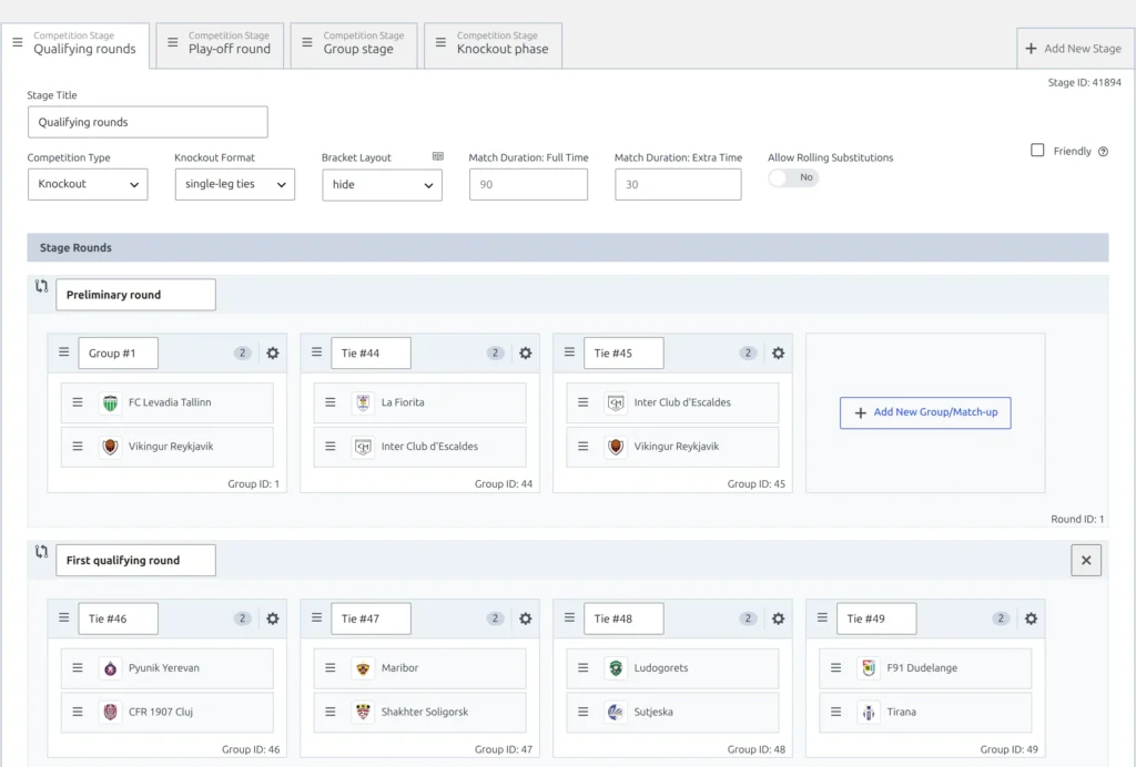 The competition editor with a row of stage tabs and the Add New Stage button at the right end, the first stage tab open with Stage Title Qualifying rounds, Competition Type Knockout, Knockout Format and Bracket Layout hide, and its first named rounds, Preliminary round and First qualifying round, listed under Stage Rounds