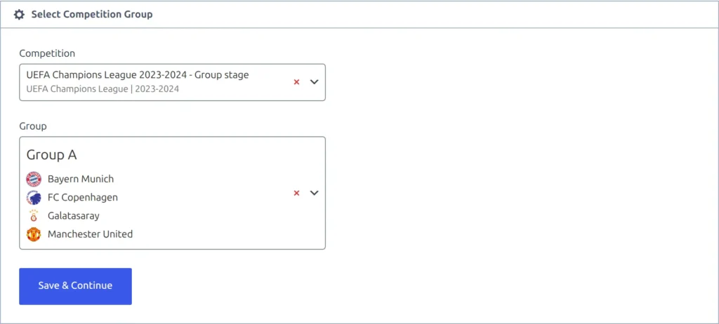 The Add New Standing Table setup with the group stage of the cup chosen under Competition, one of its groups picked under Group with that group's clubs listed, and the Save and Continue button