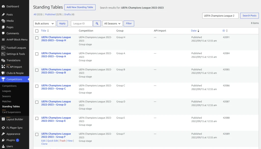 The Standing Tables screen under the Competitions menu, with the Add New Standing Table button at the top and the row actions of a group table open, showing Edit, Quick Edit, Trash, View and Clone