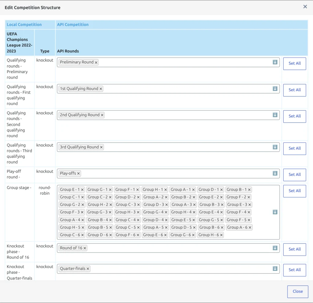 Step 1 of Edit Competition Structure for a multistage cup, with one row per stage and round, a mix of knockout and round-robin in the Type column, and a separate API Rounds selector on each row