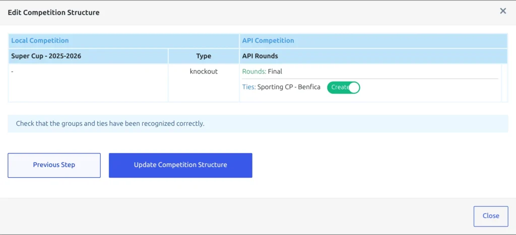Step 2 of Edit Competition Structure on a knockout stage with no clubs yet, its single tie shown beside a green toggle reading Create
