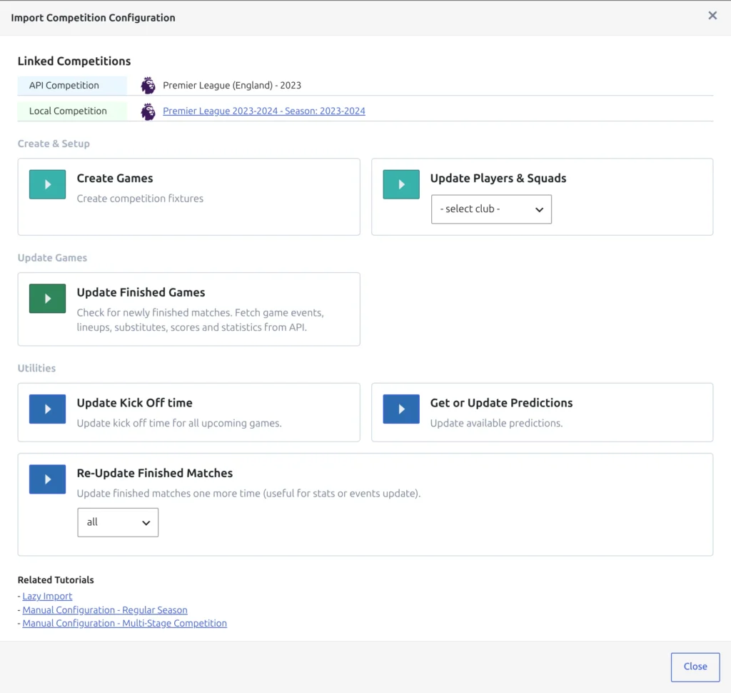 The Import Competition Configuration modal after a configuration exists, showing the Create and Setup, Update Games and Utilities action cards