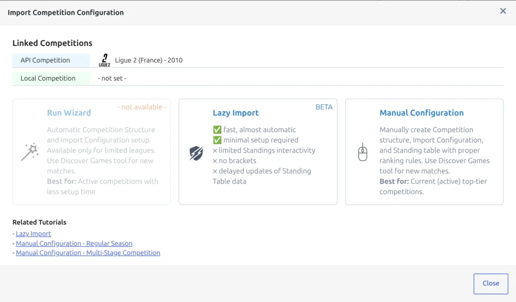 The Import Competition Configuration modal with three choice cards: Run Wizard, Lazy Import marked BETA, and Manual Configuration