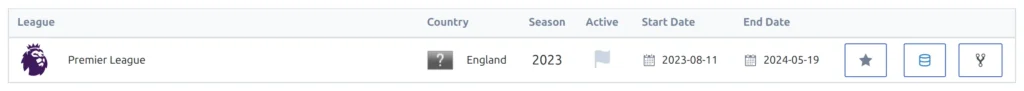 A league row on the API Leagues tab, showing the star button, the outlined database button and the branching Structure button at the end of the row