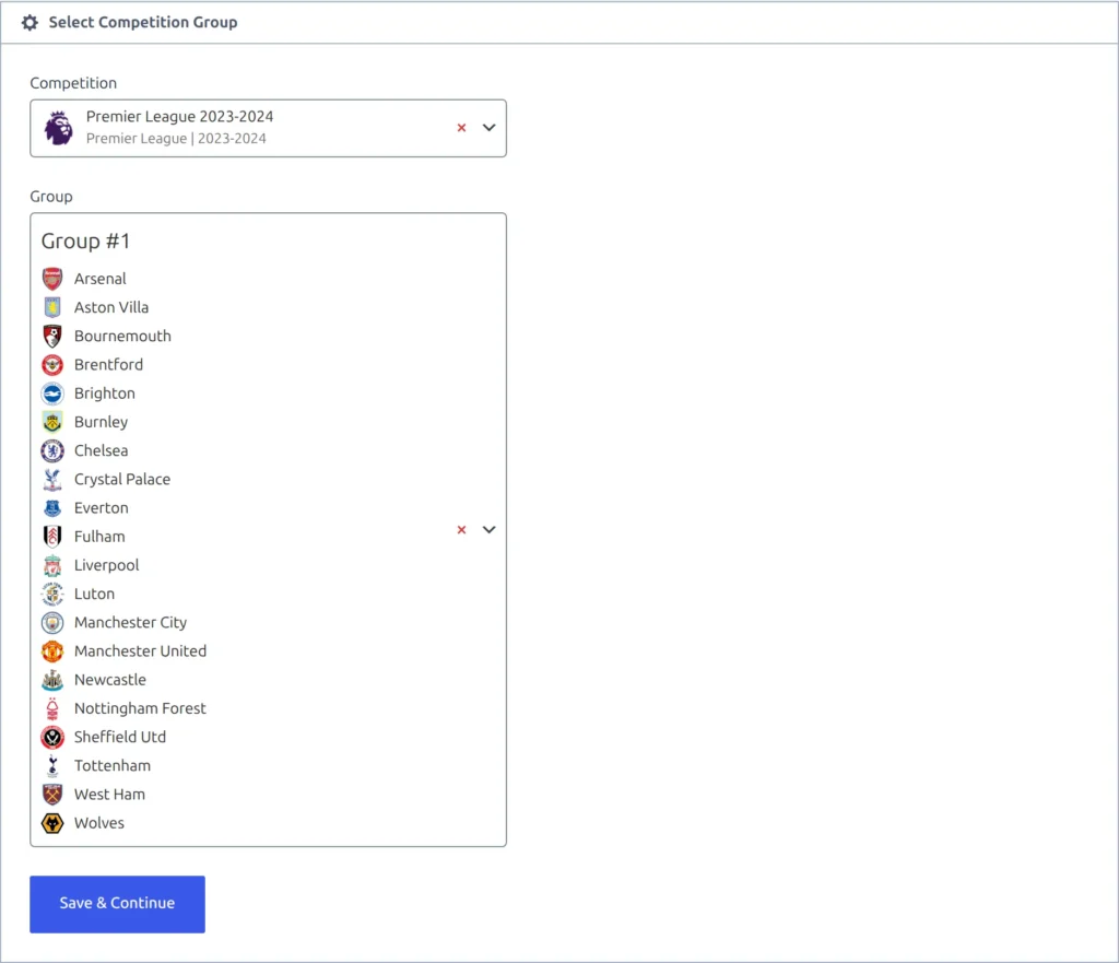 The Select Competition Group panel of Add New Standing Table, with an imported league chosen under Competition, Group #1 chosen under Group with its clubs listed, and the Save and Continue button