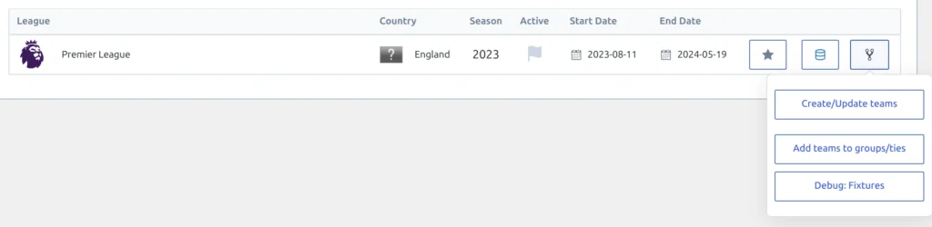The branching-arrow menu open on a linked league row, showing Create/Update teams, Add teams to groups/ties and Debug: Fixtures