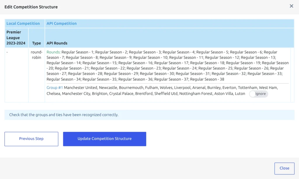 Step 2 of Edit Competition Structure listing the mapped rounds and one recognized group holding all twenty clubs, its toggle set to Ignore, above the Update Competition Structure button