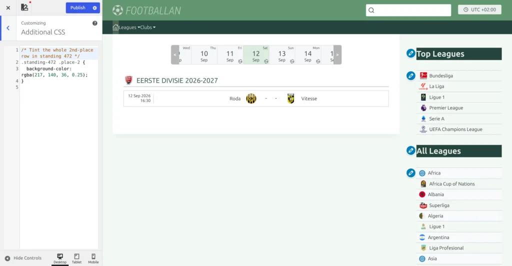 The WordPress Customizer Additional CSS panel with a Football Leagues rule typed into the code box and the site preview beside it